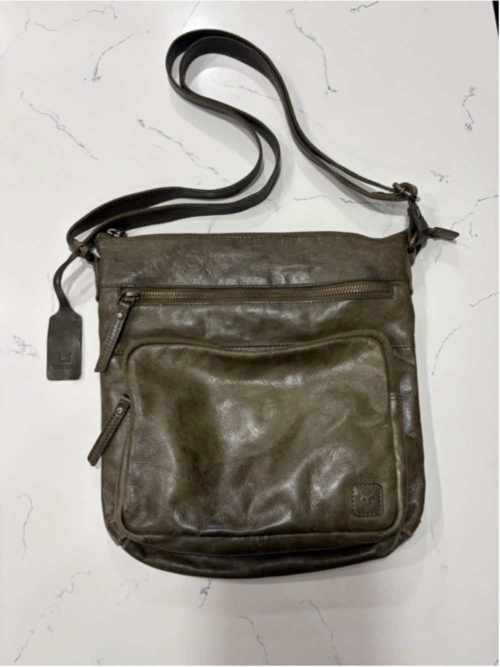 Wise Owl Olive Green Genuine Leather Crossbody Messenger Bag Boho Purse